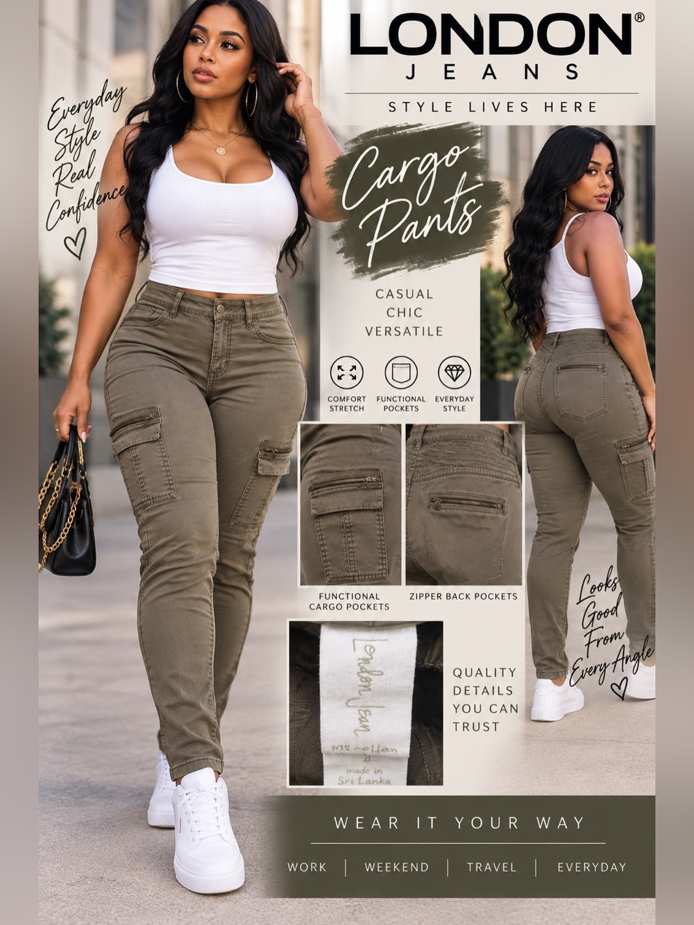 London Jeans Olive Green Cargo Joggers for Women size 2